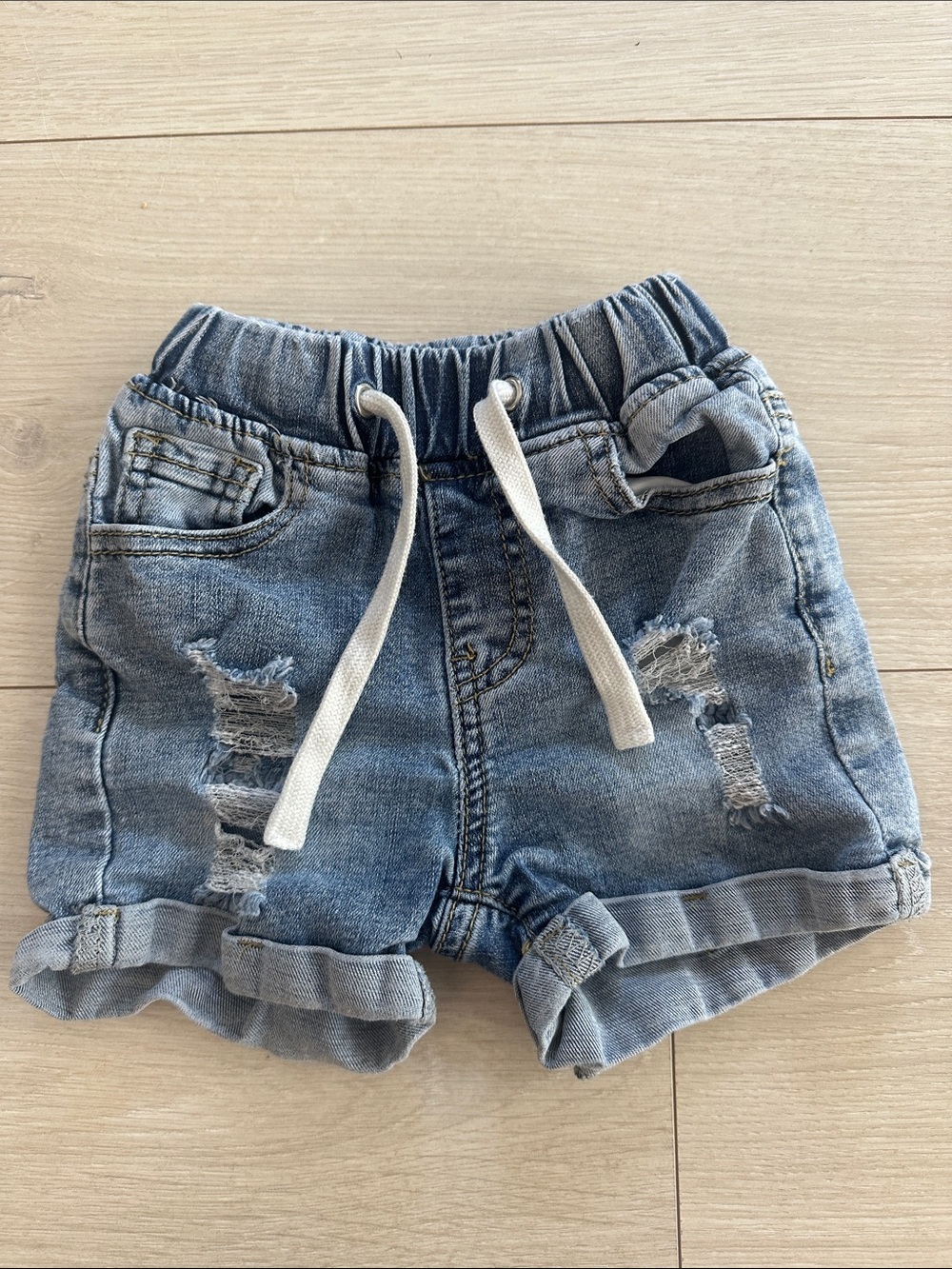 Little Bipsy Light Blue Distressed Stretch Denim Shorts with Drawstring